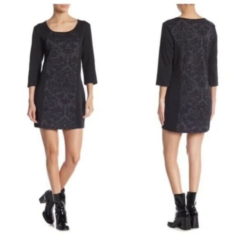Papillon Scoop Neck Damask Print 3/4 Sleeve Contrast Sweater Dress Sz M